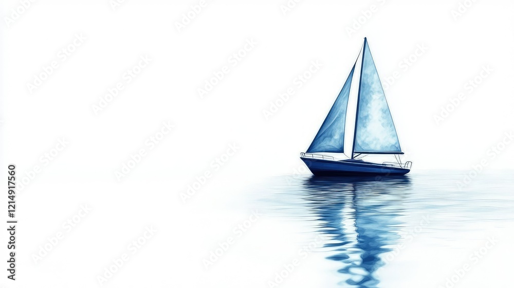 Fototapeta premium A serene digital art piece of a blue sailboat gliding across calm waters, designed on a white background.