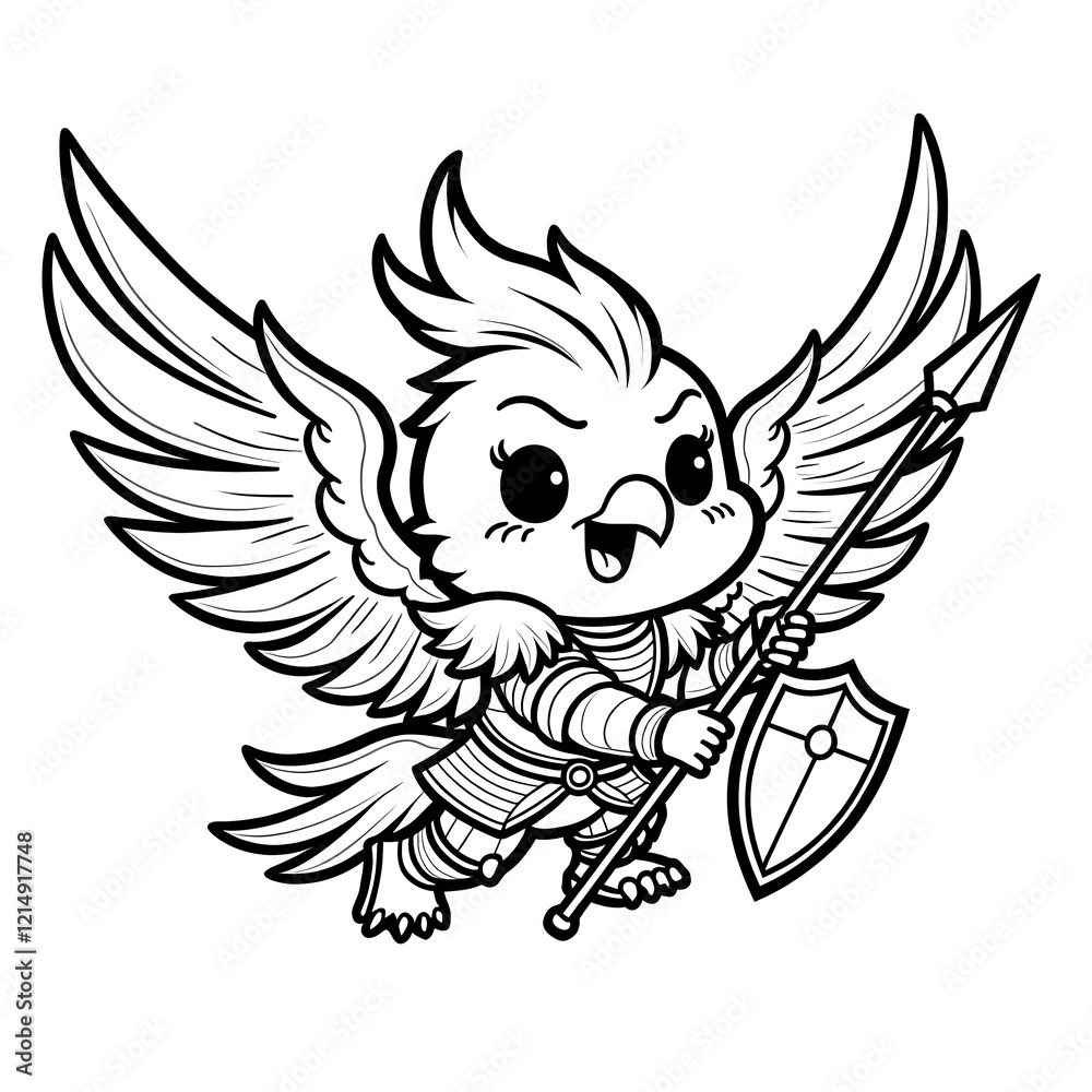 Fototapeta premium Cute Bird Warrior with Spear Shield