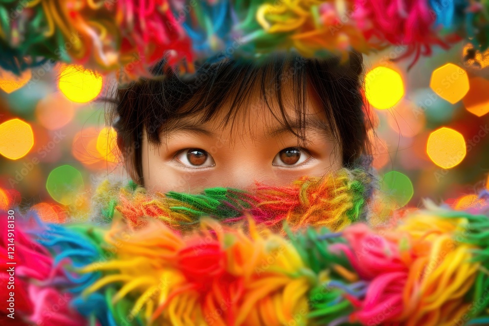 A child peeks through a vibrant, colorful costume, surrounded by glowing lights, capturing the festive spirit and excitement of a celebration. A child peeks through a vibrant, colorful costume, surrounded by glowing lights, capturing the festive spirit and excitement of a celebration.