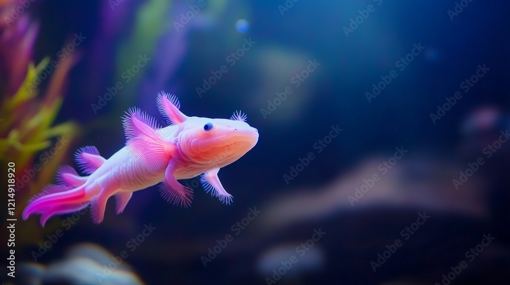 A vibrant pink axolotl gracefully swims through a colorful underwater habitat surrounded by plants A vibrant pink axolotl gracefully swims through a colorful underwater habitat surrounded by plants
