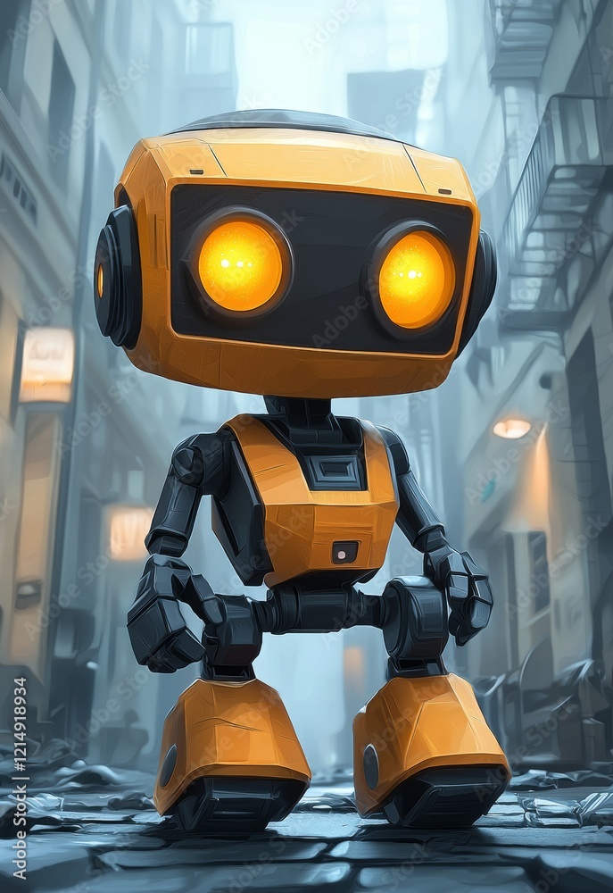 Cute and Friendly Robot Standing in a Narrow Alleyway Surrounded by Urban Environment Cute and Friendly Robot Standing in a Narrow Alleyway Surrounded by Urban Environment
