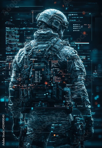 Futuristic Soldier in High-Tech Combat Gear with Advanced Interface and Data Overlay