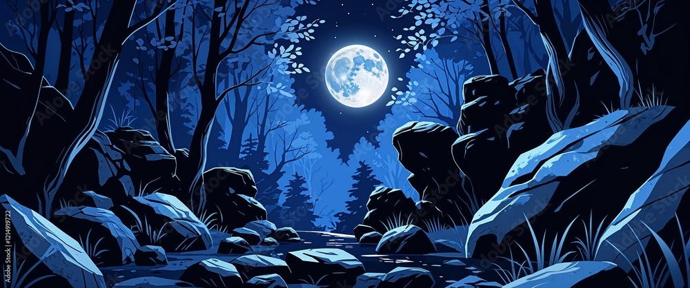 Fototapeta premium Moonlight illuminating dark craggy rocks in the forest deep blue shadows tall trees with silver leaves casting soft shadows illustration background design.