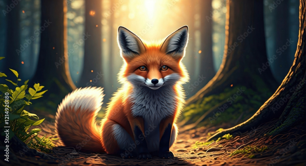 Obraz premium A cute little fox sits on a clearing in a forest in the light from the sun in the sky