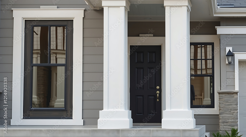 Fototapeta premium Elegant Home Exterior: Modern Architecture, Grey Facade, White Columns, and Black Door