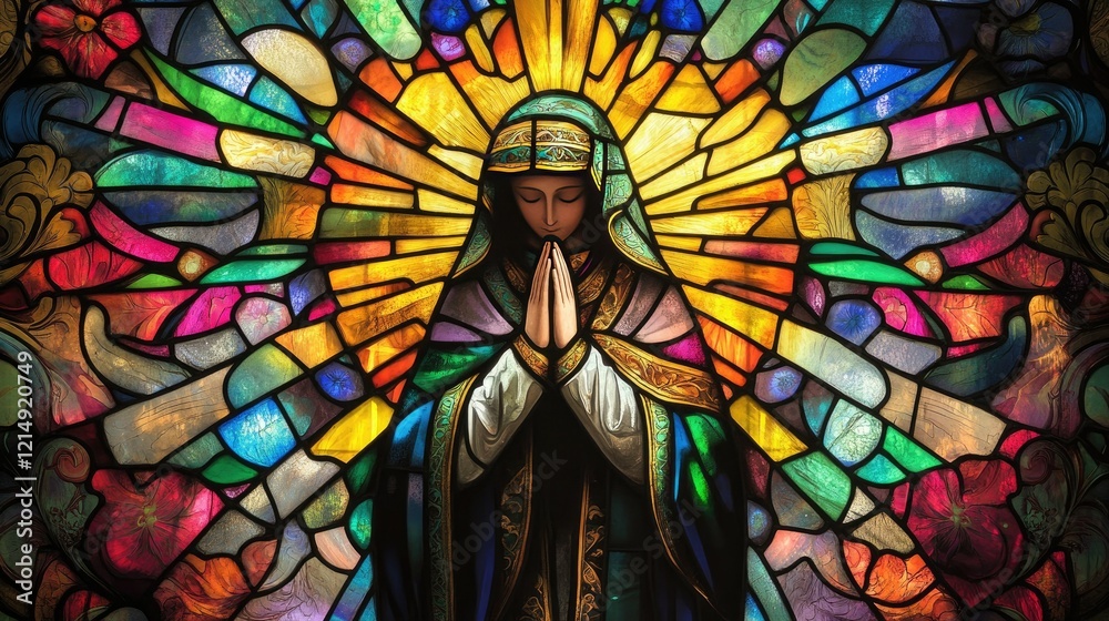 Obraz premium A stained glass church window featuring a saint in prayer, surrounded by vibrant colors and intricate designs