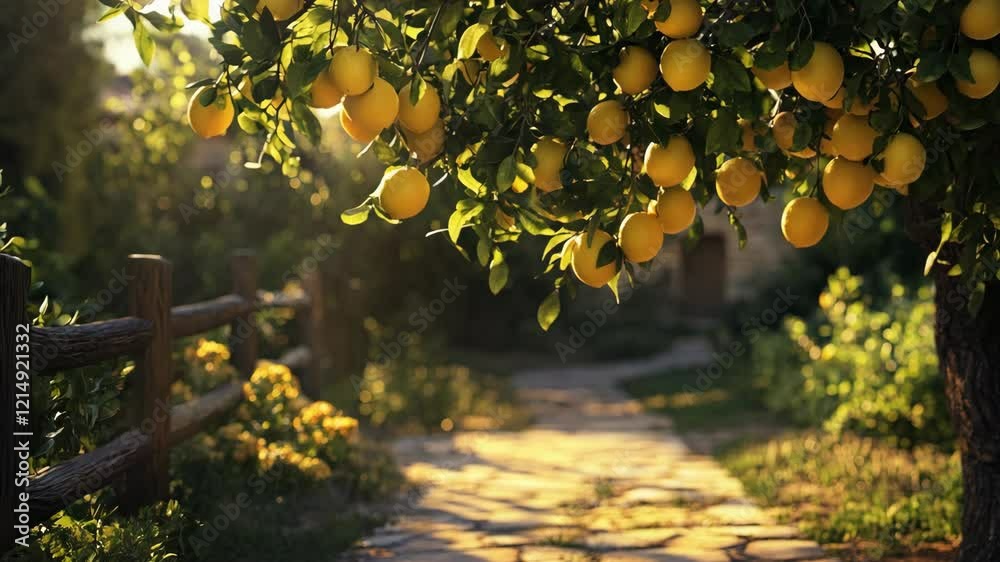A picturesque lemon tree hanging over a rustic stone pathway bathed in warm golden sunlight, surrounded by lush greenery and a wooden fence.