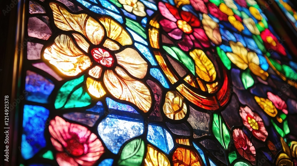 A stained-glass window showcasing intricate floral designs in vibrant colors, glowing with natural light A stained-glass window showcasing intricate floral designs in vibrant colors, glowing with natural light