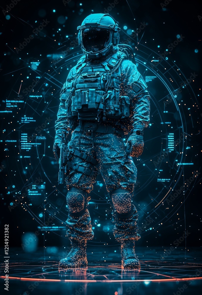 Fototapeta premium Futuristic Soldier in High-Tech Armor with Digital Interface Elements and Energetic Background