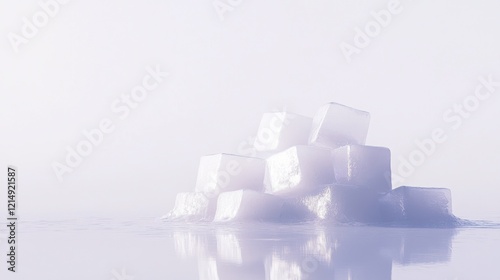 Fresh Ice Cubes Stacked on White Surface with Reflective Texture