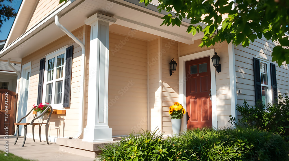 Fototapeta premium Charming House Exterior: Sunlit Porch and Lush Landscaping. A perfect blend of architectural design and natural beauty, creating a welcoming and serene home environment.