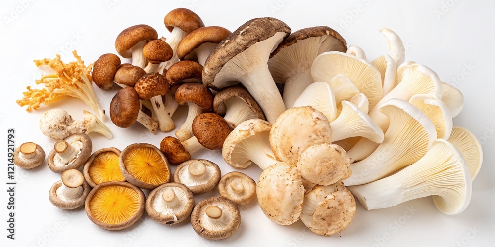 Diverse Edible Mushrooms Arranged on White Background - High-Resolution Stock Photo Diverse Edible Mushrooms Arranged on White Background - High-Resolution Stock Photo