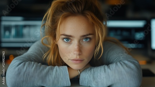 Close-up portrait of a young woman with blue eyes, resting her chin on her hands.