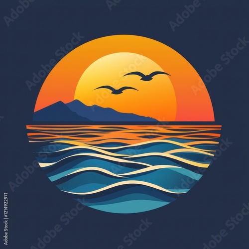 Sunset ocean scene with mountains and birds in a circle. photo