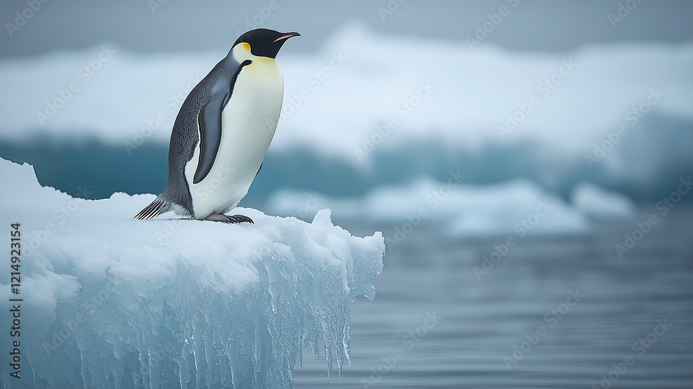 Fototapeta premium A lone emperor penguin perched on the edge of an icy ledge, overlooking the cold Antarctic waters under a cloudy sky.