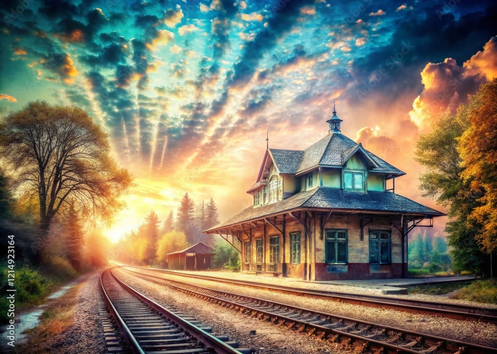 Fototapeta premium Ethereal Old Rail Station: Double Exposure Photography