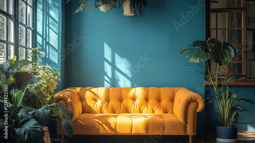 vibrant yellow tufted sofa against teal wall, surrounded by lush greenery, creates cozy and inviting atmosphere photo