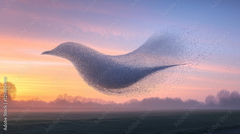 Obraz premium A mesmerizing murmuration of starlings forming a bird shape in the sky, set against a colorful sunrise over a misty field.