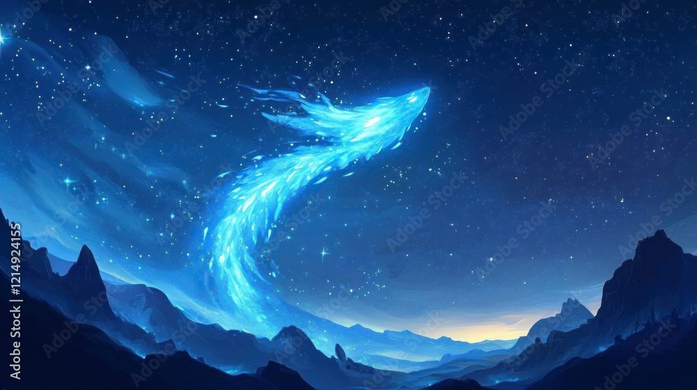 Fototapeta premium Ethereal Blue Dragon Ascending Through a Starry Night Sky