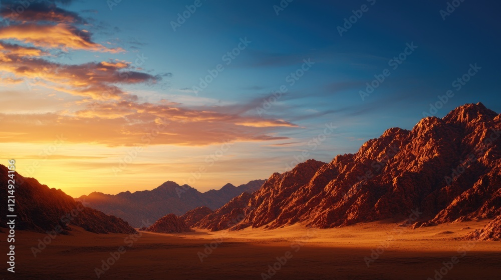 Naklejka premium Majestic Desert Landscape with Colorful Sunset and Rocky Mountains