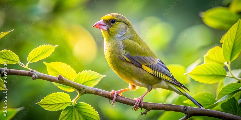 Obraz premium European Greenfinch Bird Perched on Tree Branch - High-Resolution Drone Photo