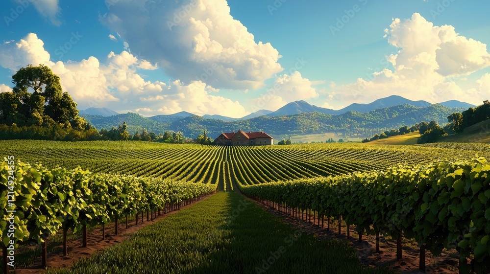 Fototapeta premium Lush Vineyard Landscape Under Blue Sky with Clouds and Mountains