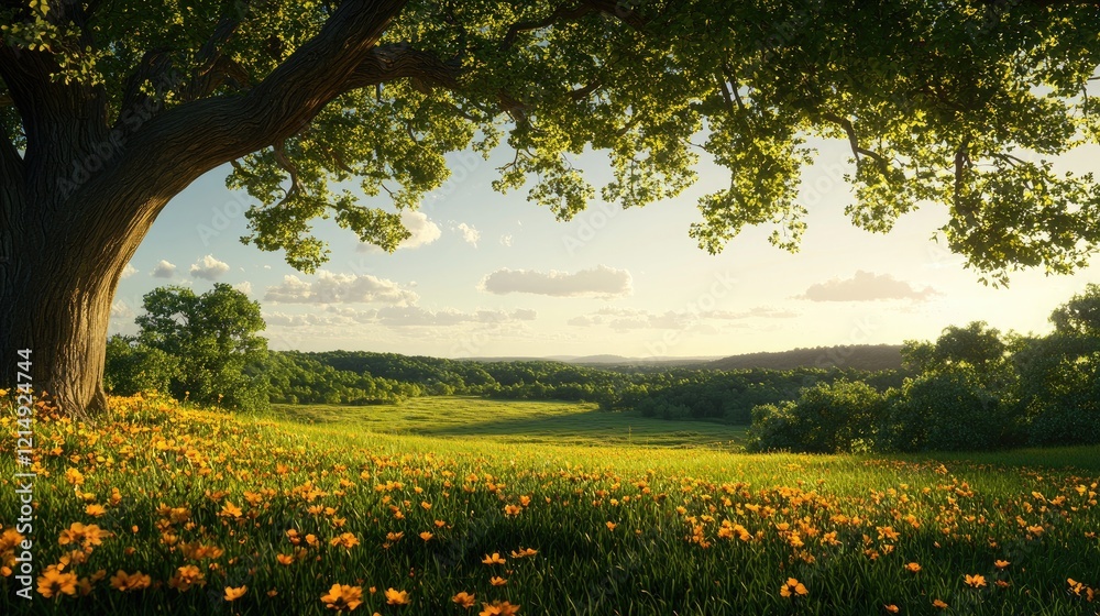 Obraz premium Serene Landscape with Vibrant Wildflowers Under a Majestic Tree