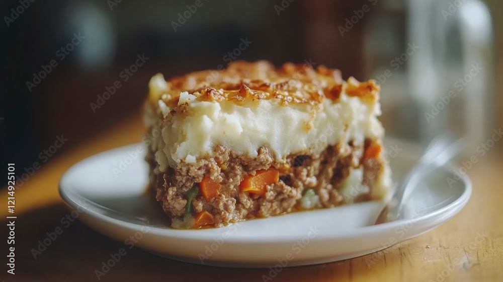 Delicious Layered Meat and Vegetable Casserole on White Plate Delicious Layered Meat and Vegetable Casserole on White Plate
