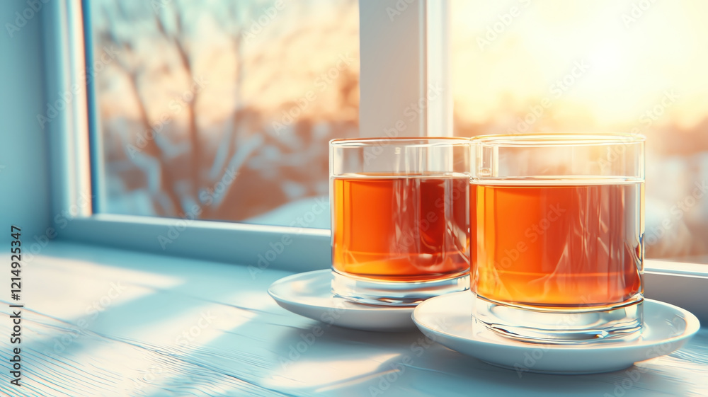 Warm tea glasses on saucers by sunlit window, creating cozy atmosphere Warm tea glasses on saucers by sunlit window, creating cozy atmosphere