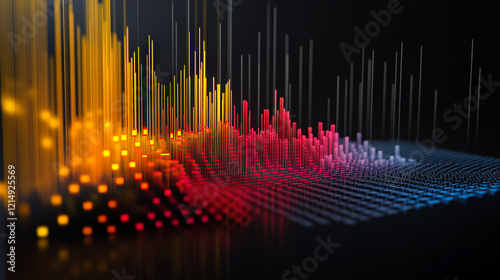 A 3D graph with radiant gradients, featuring bold yellow, red, and electric blue bars against a black backdrop.