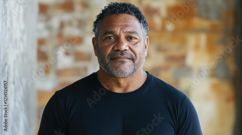 Confident man with curly hair smiling in casual black shirt photo