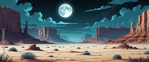 Vast desert with silverblue moonlight dark teal sky and jagged rock formations in the distance illustration background design photo