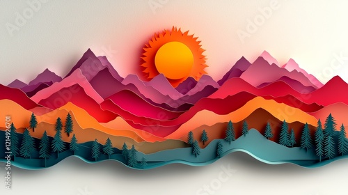 Vibrant Paper Cut Landscape with Colorful Mountains and Sun in Minimalist Style