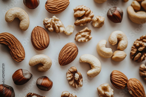 Close-Up Assorted Nuts on White Surface Highlighting Natural Textures and Freshness photo