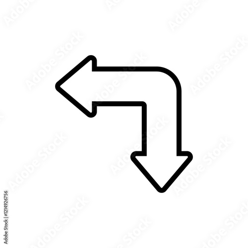 Bent dual and double sided arrow with outline. Angled curved shape.