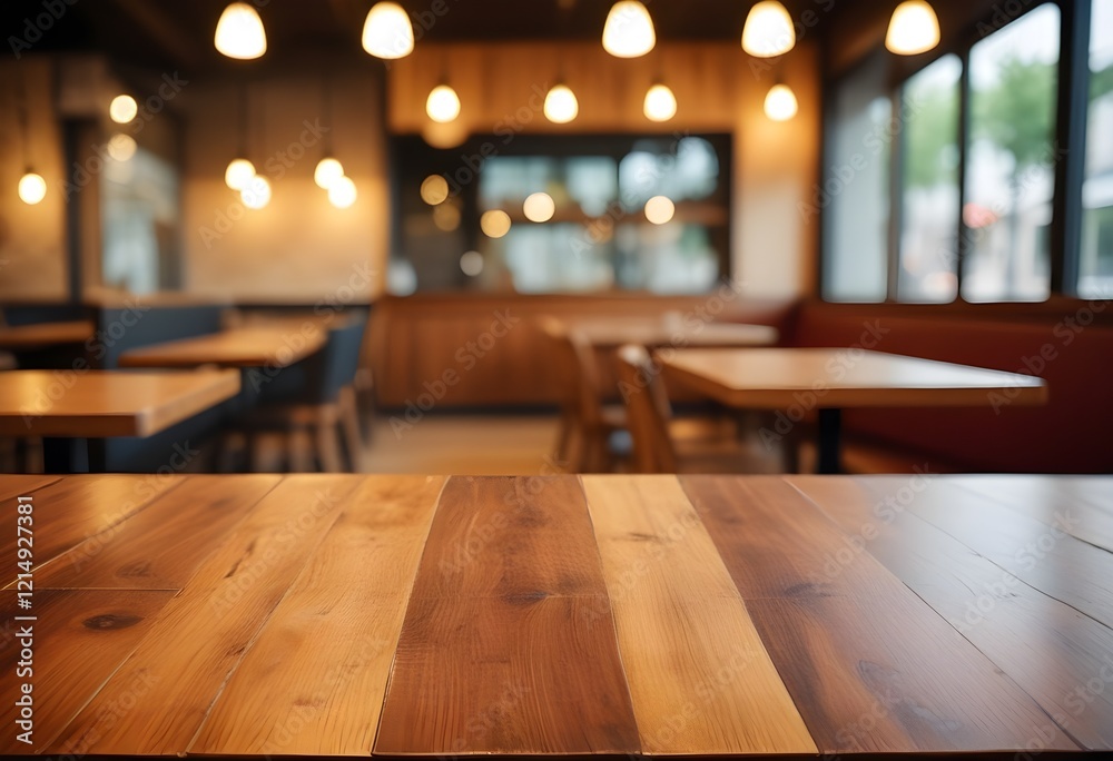 Fototapeta premium Wooden board empty table background. abstract blurred cafe background