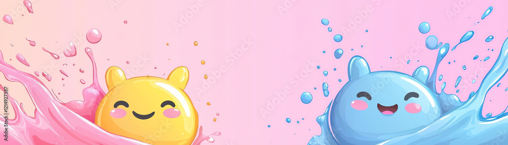 Cute playful characters in colorful splashes of pink and blue Cute playful characters in colorful splashes of pink and blue