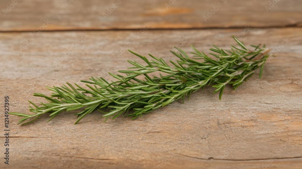 Fresh Sprig of Rosemary Herb on Rustic Wooden Surface Background Fresh Sprig of Rosemary Herb on Rustic Wooden Surface Background