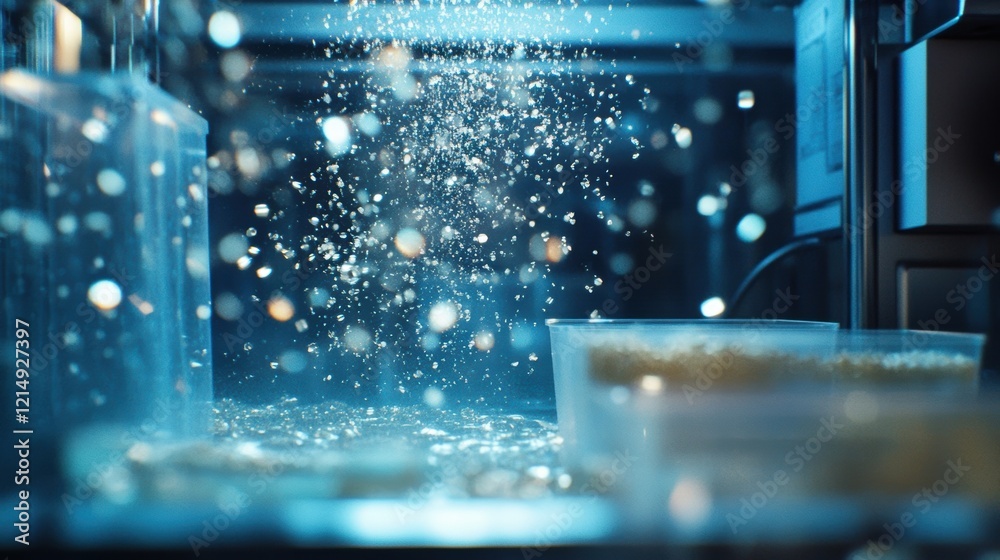 Sparkling water droplets splashing dynamically onto a production line, creating a refreshing drink with advanced technology in a beverage factory Sparkling water droplets splashing dynamically onto a production line, creating a refreshing drink with advanced technology in a beverage factory