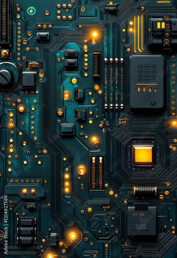 Fototapeta premium Abstract Close-Up of Electronic Circuit Board with Glowing Components and Textures