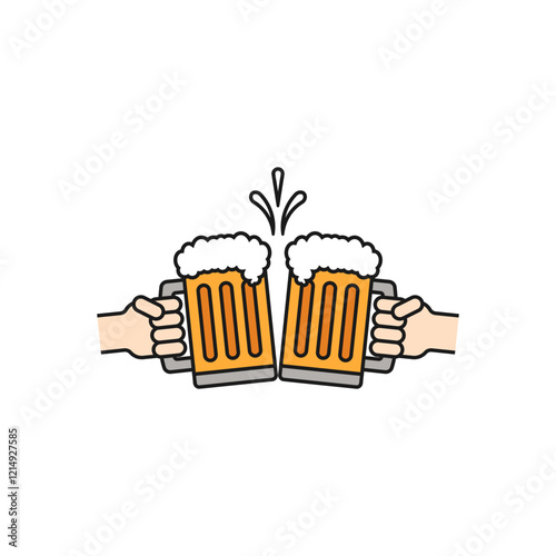 Hands holding beer mugs and clink together. Cheers and toasting. Vector outline icon and illustration on white background.
