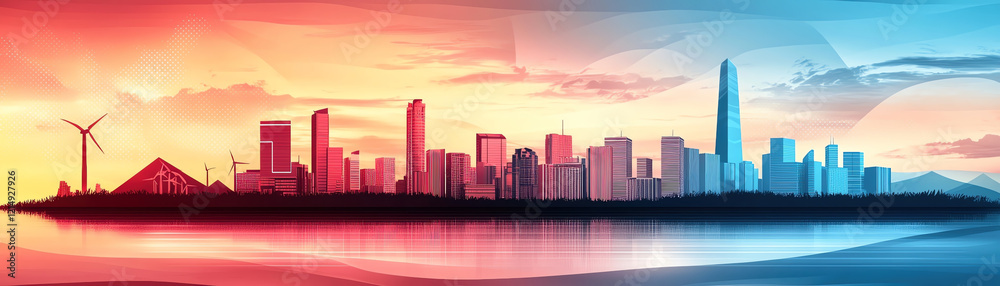 Fototapeta premium Vibrant city skyline with wind turbines and colorful gradient background