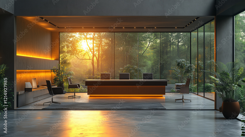 Fototapeta premium modern office interior featuring large windows, natural light, and ergonomic furniture, creating serene workspace