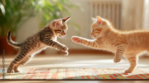 Playful kittens engage in lively tussle on colorful rug, showcasing their energy and curiosity in bright, cozy environment