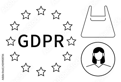 GDPR text encircled by stars, representing European Union. Icons of a shopping bag and a generic person. Ideal for data protection, privacy, shopping, digital security, personal information, business