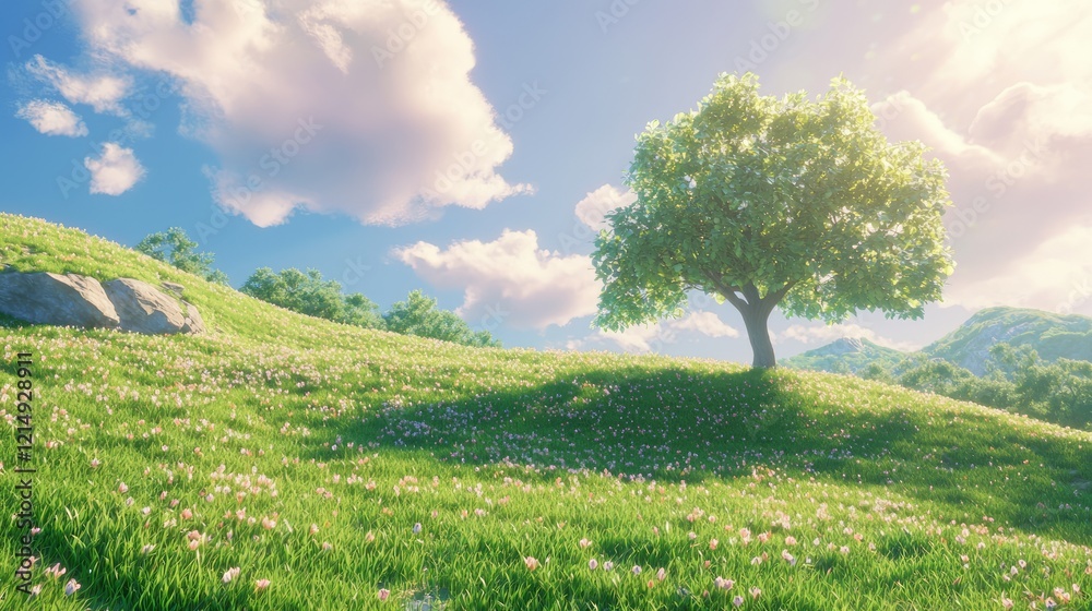 Serene Orchard Slope with Glowing Peach Buds and Majestic Oak Tree in Cinematic Golden Light Serene Orchard Slope with Glowing Peach Buds and Majestic Oak Tree in Cinematic Golden Light