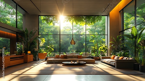 Sunlit Modern Living Room, Jungle View, Relaxation photo