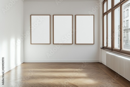 Empty wooden picture frame mockup hanging on white wall background in a spacious empty room with sunlight. Working space, home office lounge. Gallery photo