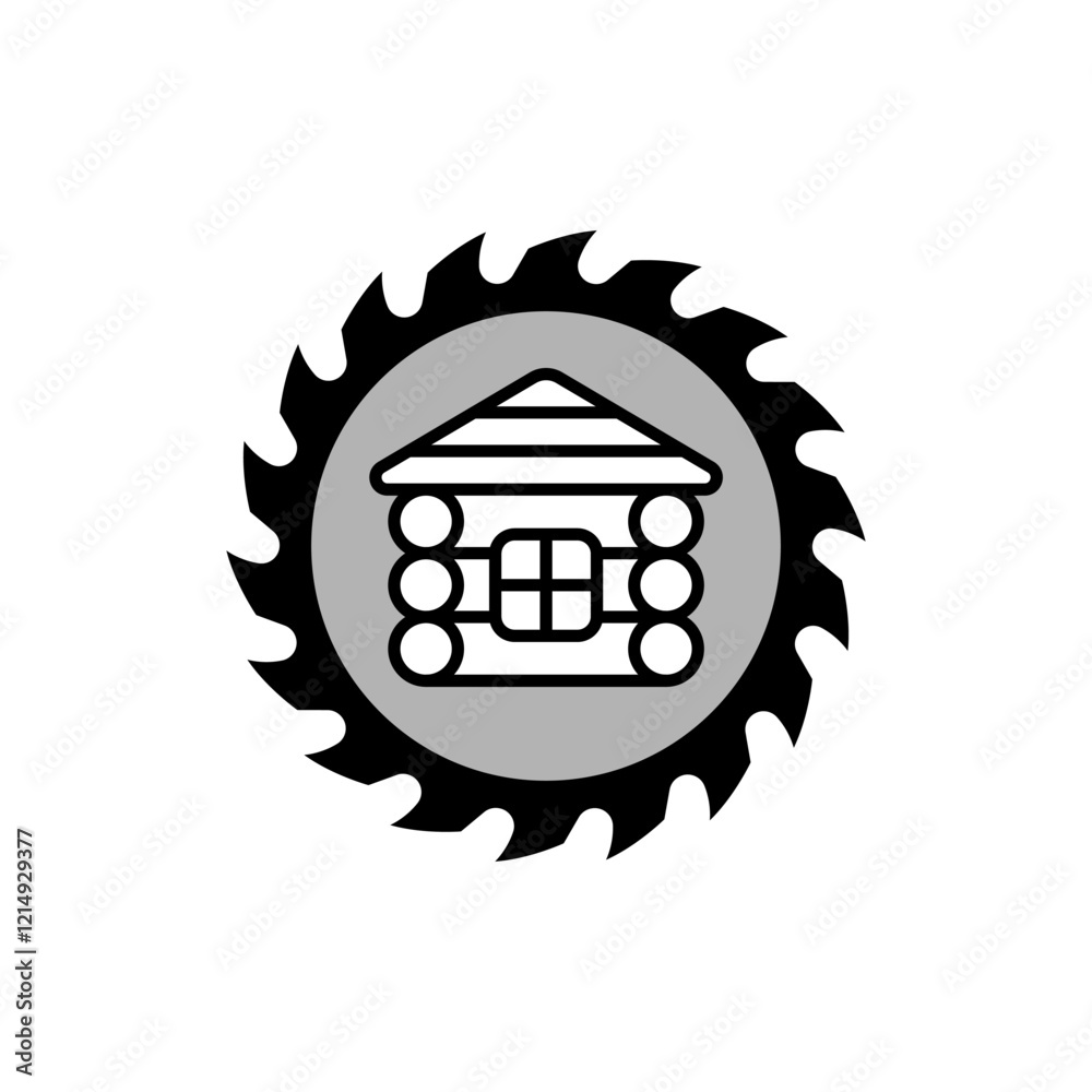 Log wooden house icon and logo and circular saw blade. Isolated vector illustration on white background. Log wooden house icon and logo and circular saw blade. Isolated vector illustration on white background.
