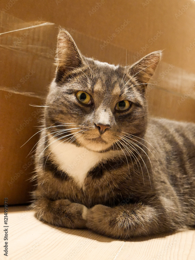 Obraz premium Cute tabby cat laying by a cardboard box, resting. Cat portrait. Pets. 